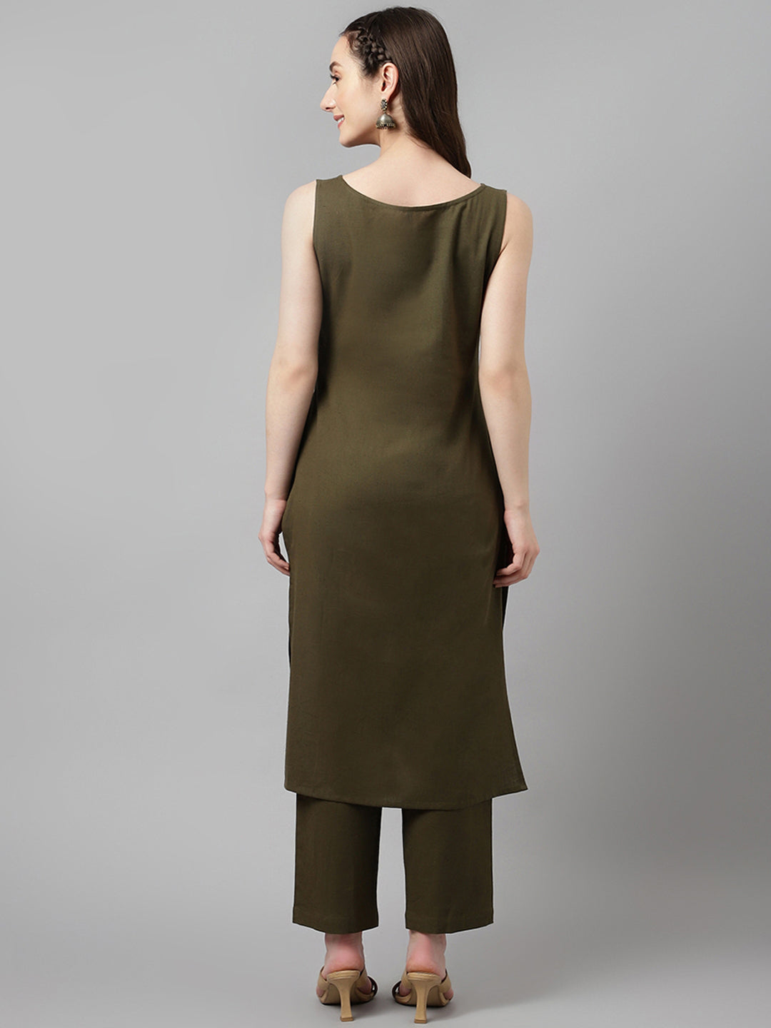 FIORRA Women's Olive Green Rayon Straight Kurta with Pant